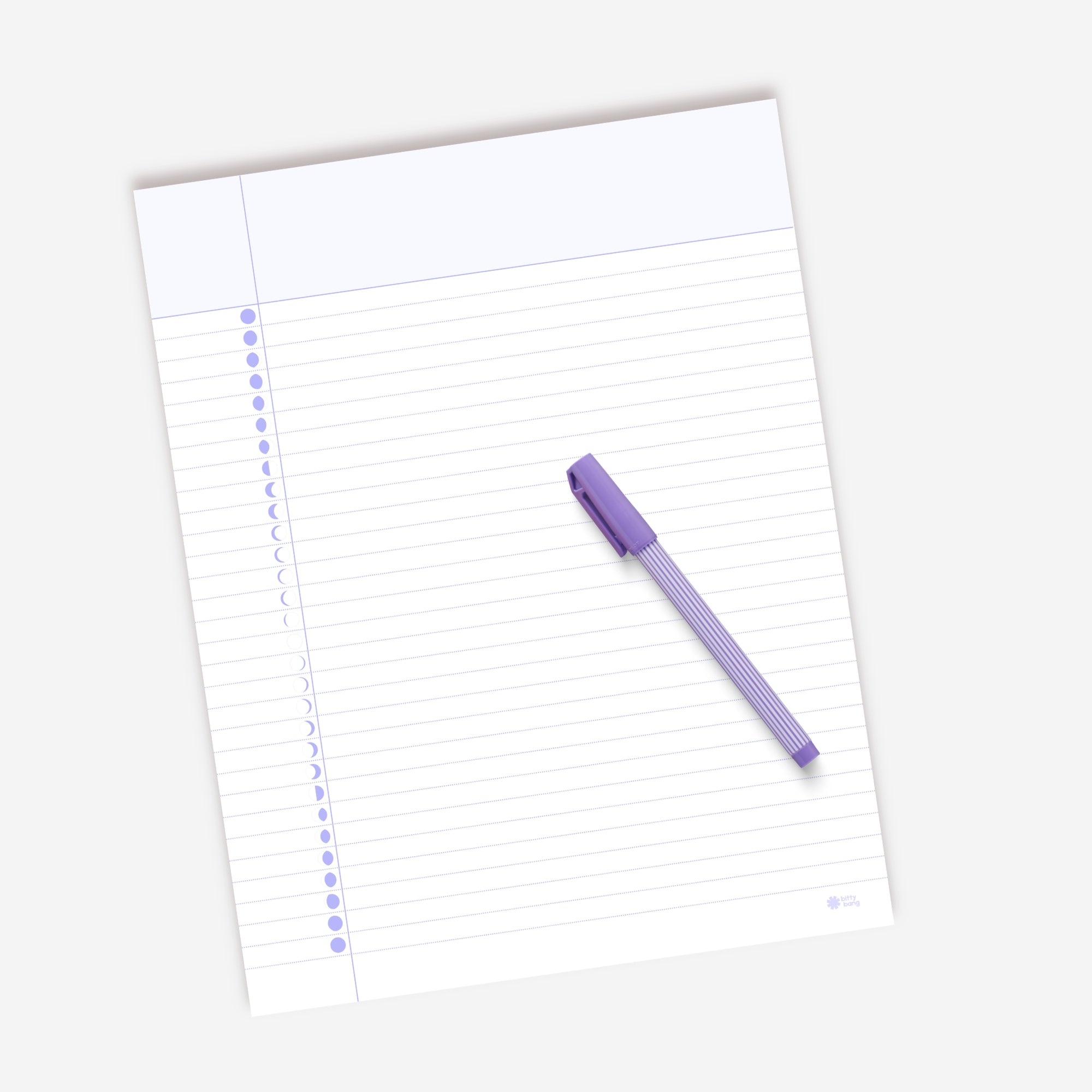 A purple retractable pen resting on a sheet of lined notebook paper with a blue vertical margin line and page dots, shown on a light gray background.