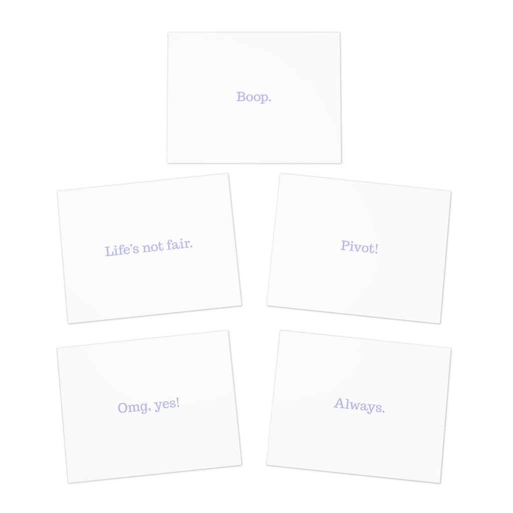 Five white rectangular cards arranged in a loose circle on a white background. Each card has a small light purple text phrase such as 'Boop.'