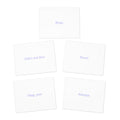 Five white rectangular cards arranged in a loose circle on a white background. Each card has a small light purple text phrase such as 'Boop.'