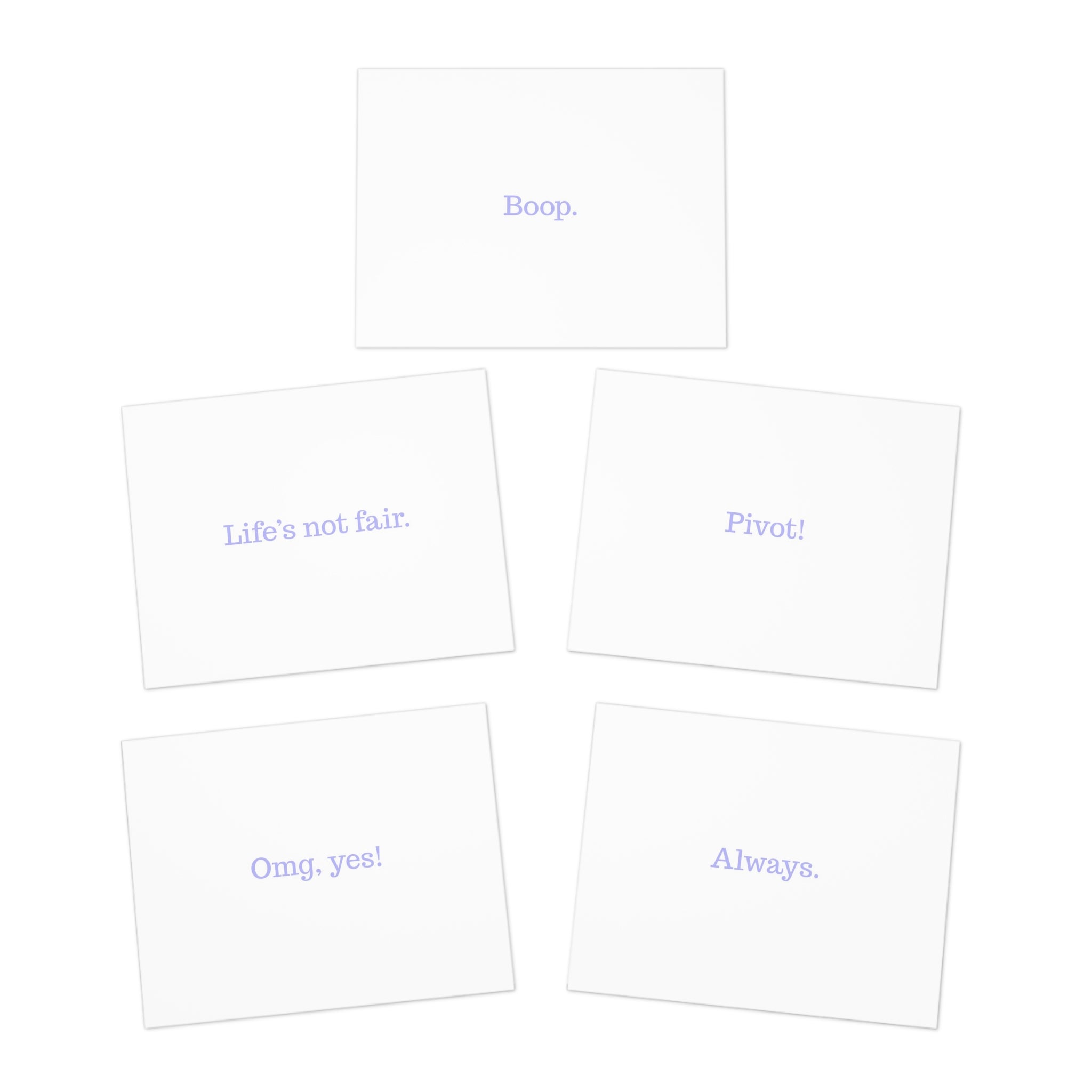 Five white rectangular cards arranged in a loose circle on a white background. Each card has a small light purple text phrase such as 'Boop.'
