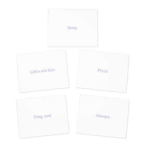 Five white rectangular cards arranged in a loose circle on a white background. Each card has a small light purple text phrase such as 'Boop.'